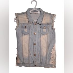 Light Blue Girls' Denim Sleeveless Vest with Lace Side Detail